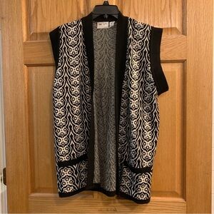 Maglia Donna Women’s 1X Sweater Vest Black White Paisley Open Front Sleeveless